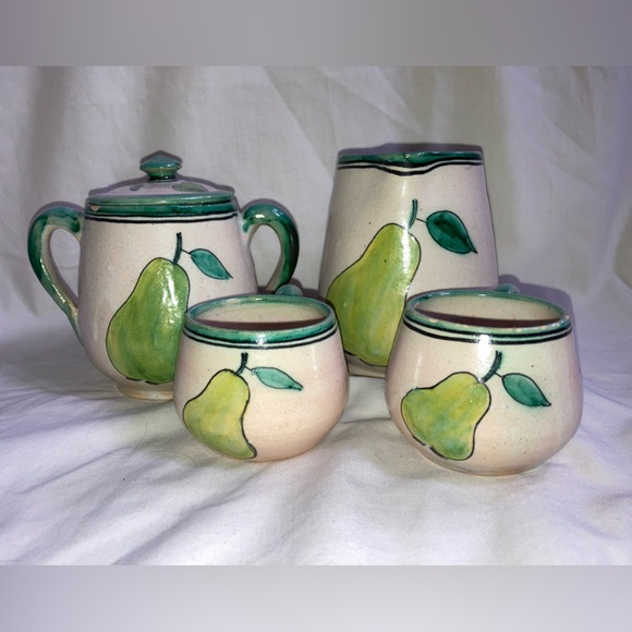 VTG Puente Arzobispo ACB SIGNED Pitcher 
Teacups Pears Jar Ceramic Pottery Set - Picture 1 of 12